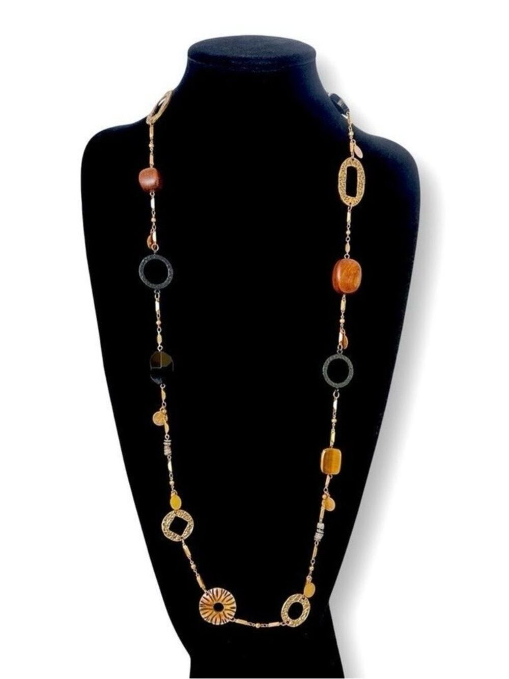 CHICO'S Wood Bead Long Station Necklace Brown
